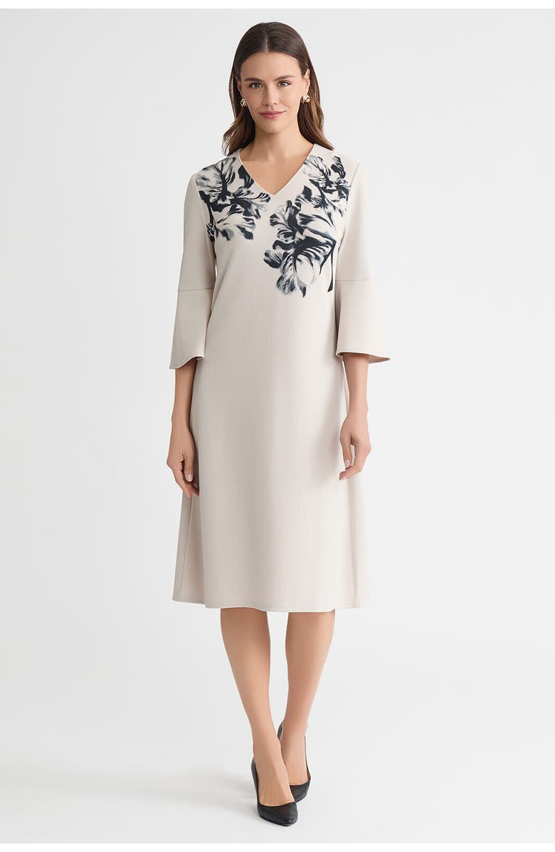 Ming Wang A-Line Floral Printed Stretch Deco Crepe Dress, Main, color, Limestone/Black