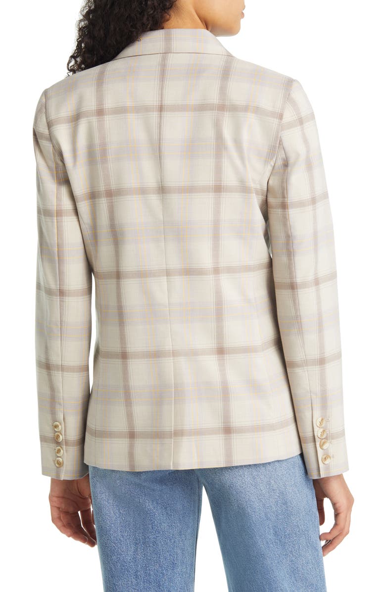 1.STATE Ruched Sleeve Plaid Double Breasted Blazer, Alternate, color,