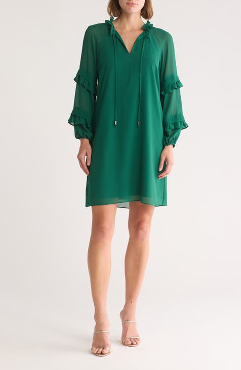 Ruffle Long Sleeve Chiffon Shift Dress