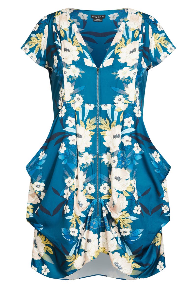 Emma Floral V-Neck Fitted Tunic Dress, Alternate, color, TEAL MIRROR BLOOM