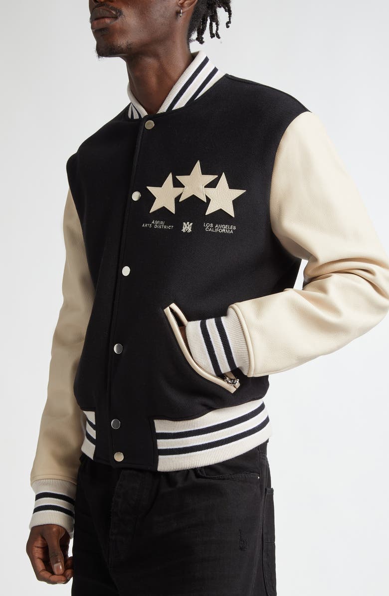 AMIRI Stars Wool Blend & Leather Varsity Jacket, Alternate, color, Black