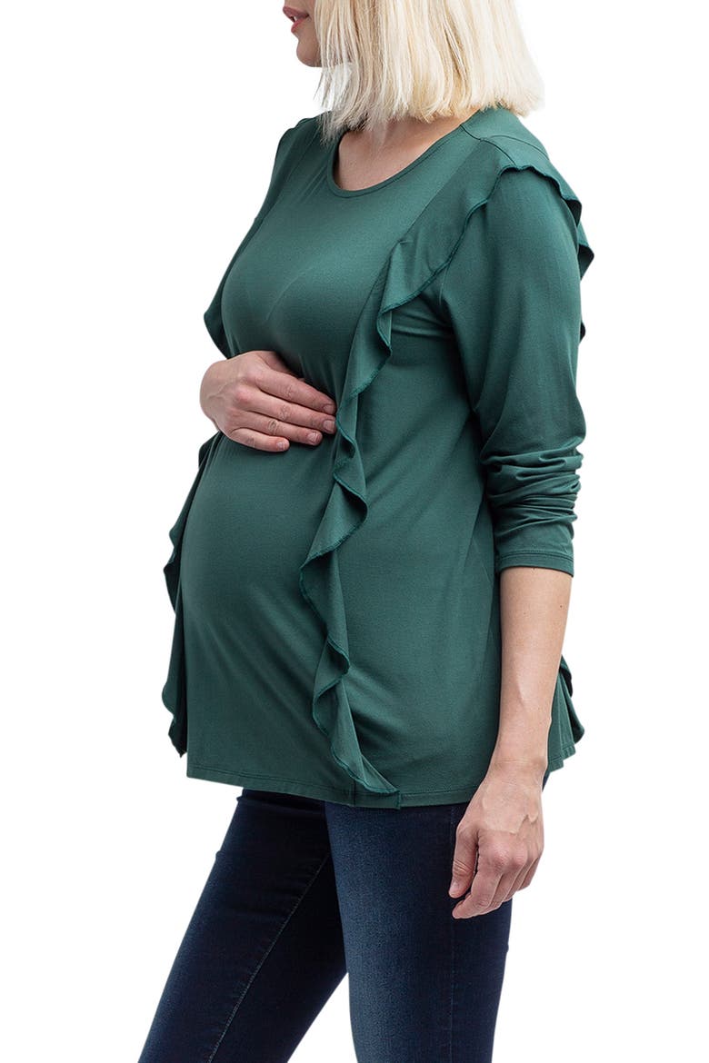 Fiona Ruffle Trim Maternity/Nursing Top, Alternate, color, FORREST GREEN
