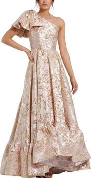 Mac Duggal Floral Brocade One Shoulder High Low Gown With Bow