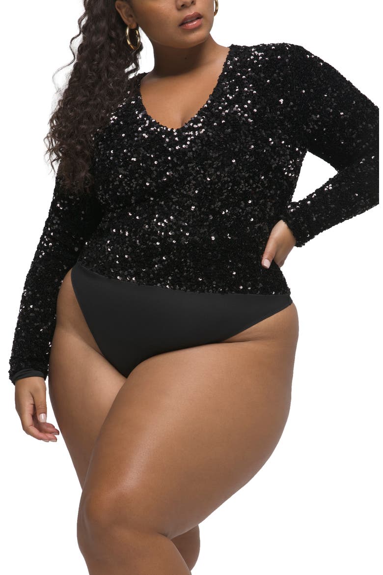 Stretch Sequins Bodysuit, Alternate, color, BLACK001