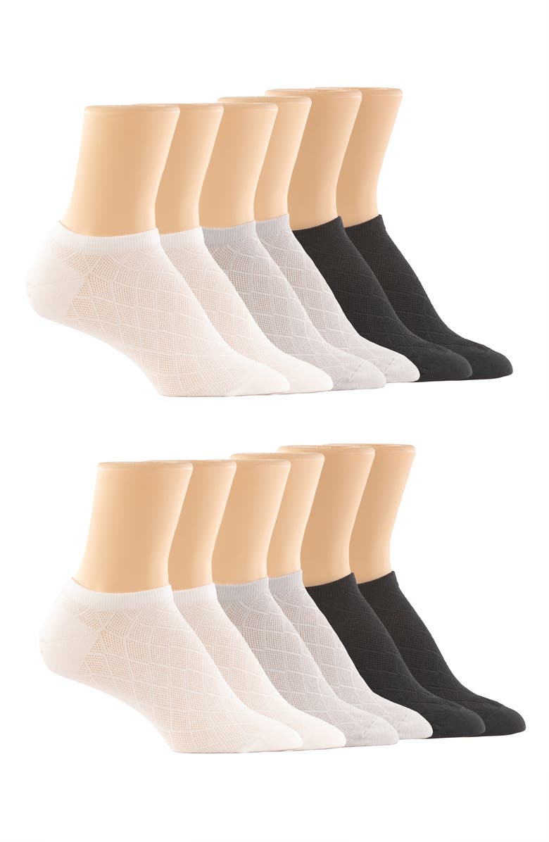 Felina Assorted 6-Pack Textured mesh No Show Socks, Alternate, color, Black/ Grey/ White