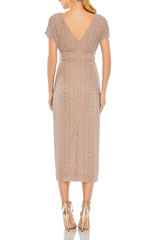 Mac Duggal Beaded Empire Waist Column Midi Cocktail Dress In Dark Mocha