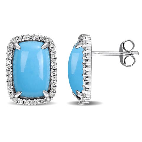 Turquoise & Diamond Halo Earrings 14K