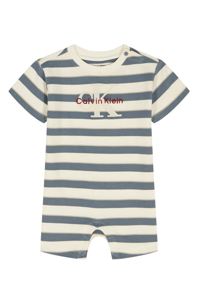 Calvin Klein Stripe Logo Romper, Main, color, White/ Blue Multi