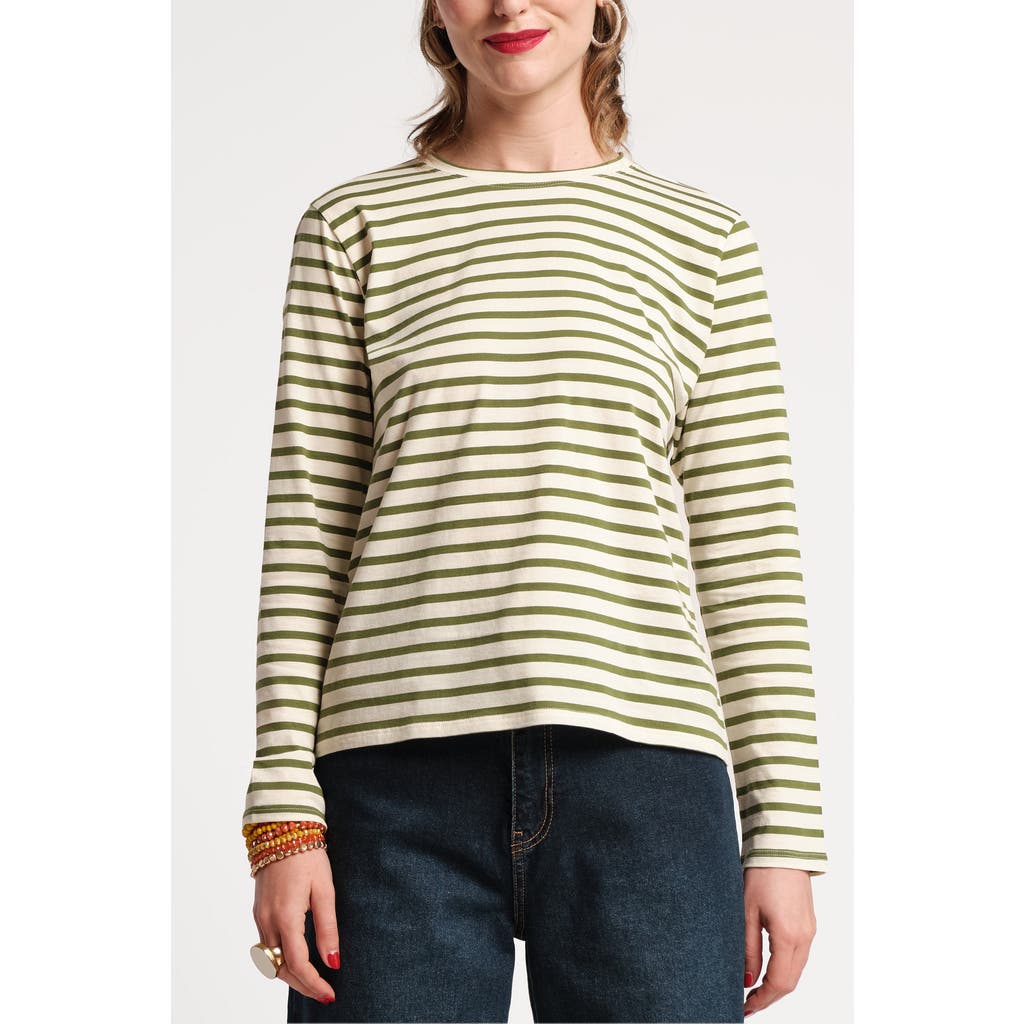 Frances Valentine Long Sleeve Striped Tee Shirt Stripe 100% Pima Cotton in Oyster/green