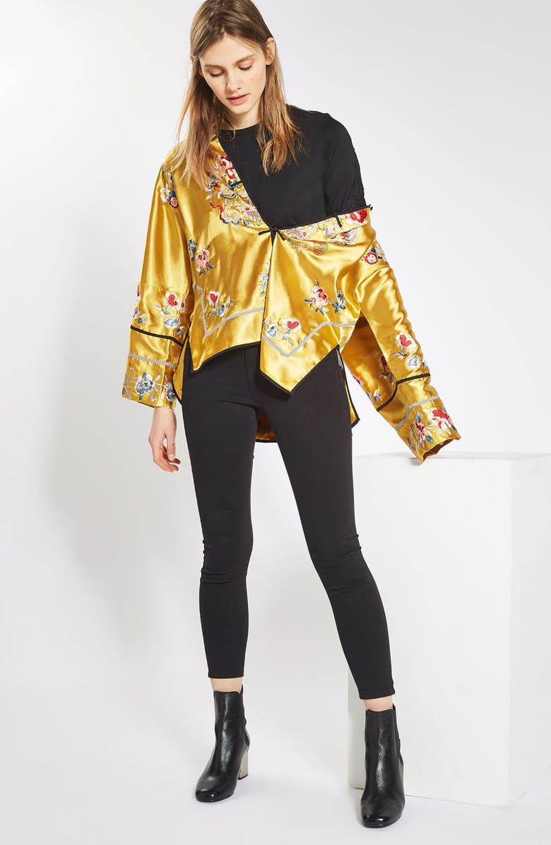 Topshop Embroidered Satin Kimono Jacket, Alternate, color, 