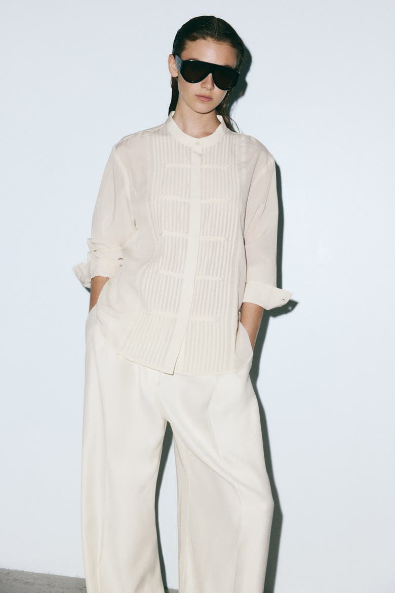Button-front Pintuck Blouse, Main, color, Light beige