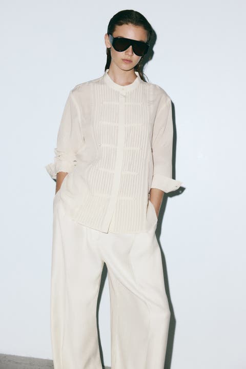 Button-front Pintuck Blouse