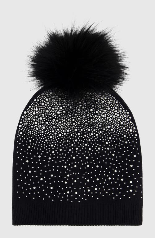 Lyla Grant Knit Beanie Hat With Fur-free Fox (faux Fur) Pompom In Black
