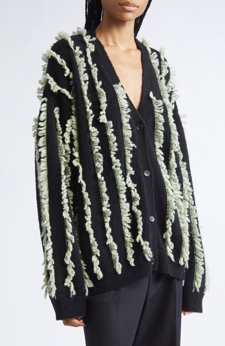 ZANKOV Joseph Fringe Stripe Merino Wool V-Neck Cardigan, Alternate, color, Sage/ Black Multi