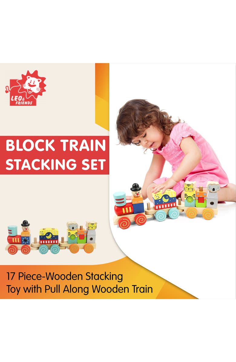 Leo & Friends Block Train Stacking Set, 17 Piece-Wooden Stacking Toy with Pull Along Wooden Train, Alternate, color, Yellow