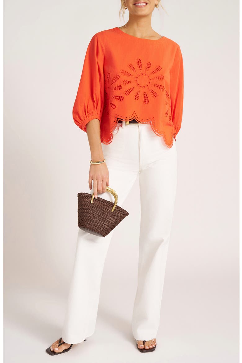 Indie Eyelet Bubble Sleeve Top, Alternate, color, TOMATO