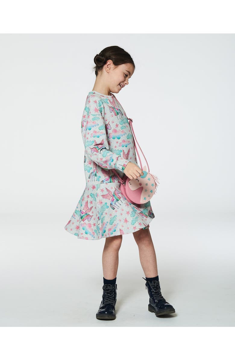 Deux par Deux Girl's Printed Shiny French Terry Dress Gray Mix Printed Unicorn, Alternate, color, 
