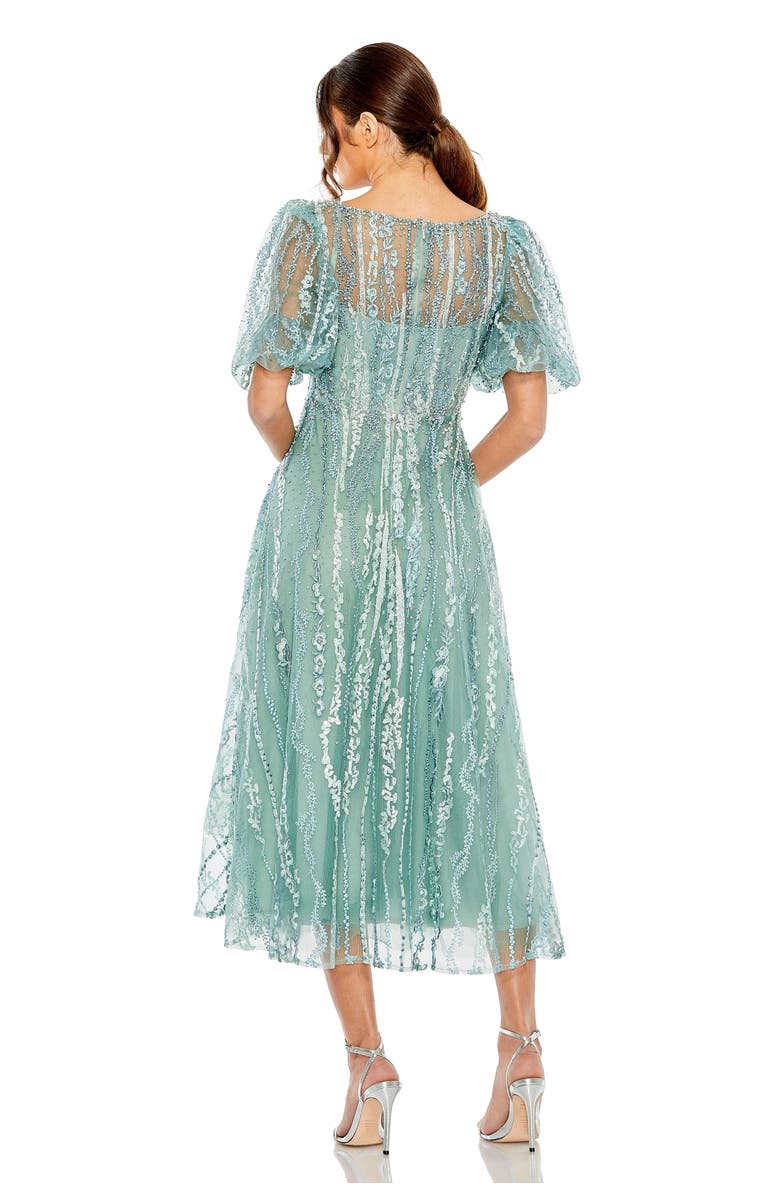 Mac Duggal Embellished A-Line Midi Dress with High Neck and Flutter Sleeves, Alternate, color, Seafoam