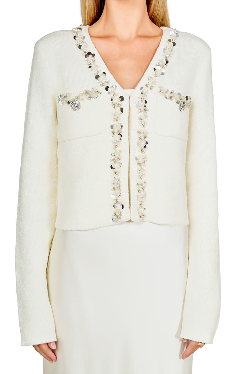 Endless Rose Jewel Trim Bouclé Cardigan, Alternate, color, Ivory