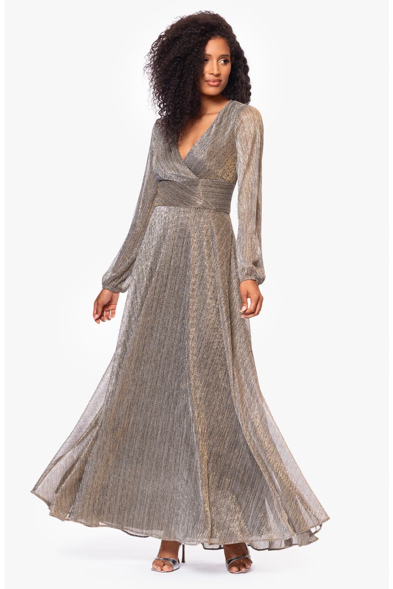 Long Sleeve Metallic Knit Gown, Alternate, color, MOCHA/ GOLD