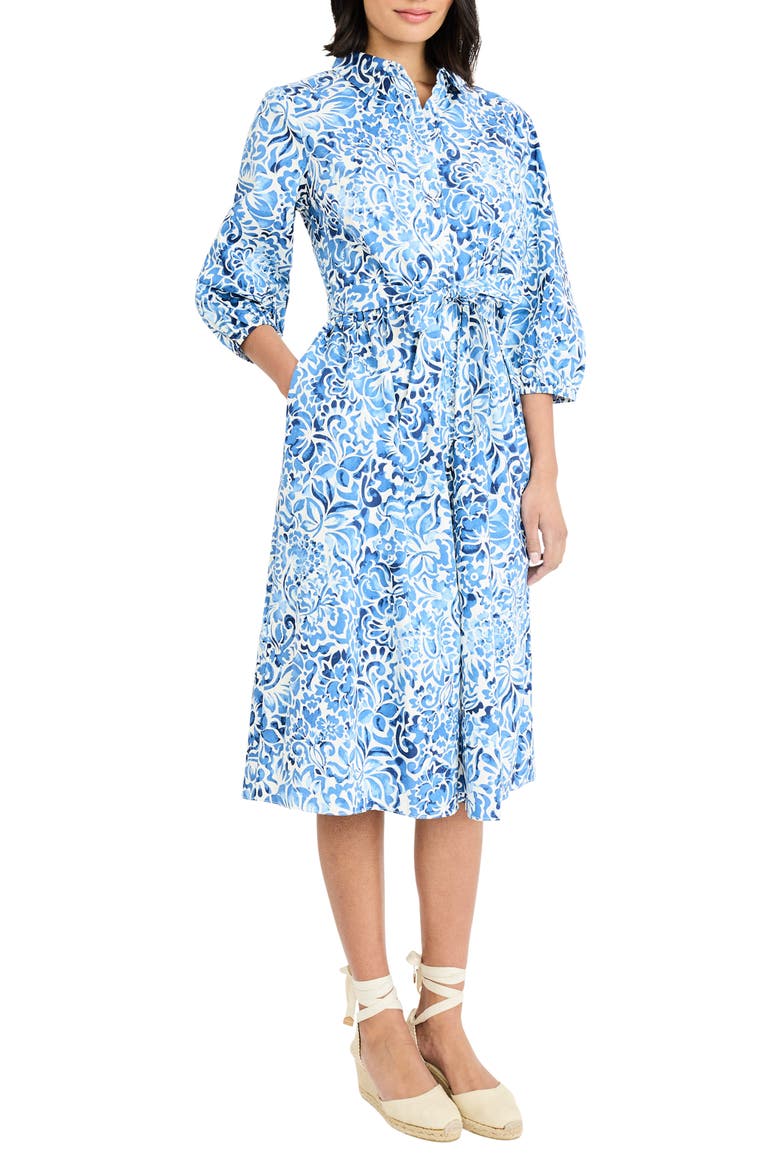 Floral Three-Quarter Sleeve Shirtdress, Alternate, color, SOFT WHITE/ DENIM BLUE