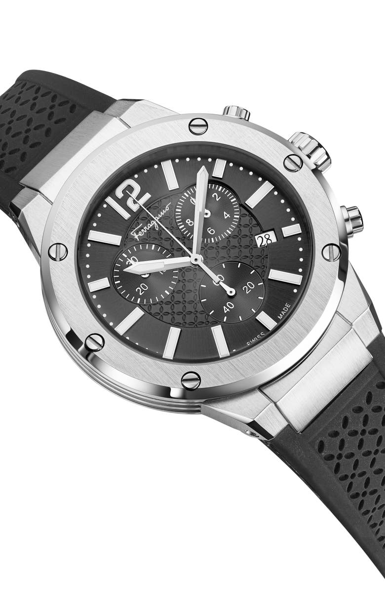 FERRAGAMO F-80 Silicone Strap Chronograph Watch, 42mm, Alternate, color, Stainless Steel/Black