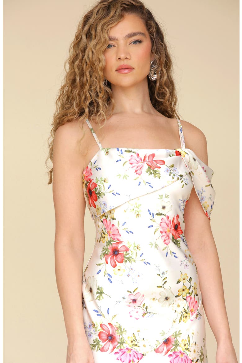 Floral Print Asymmetric Satin Maxi Dress, Alternate, color, CREAM FLOWER PRESS