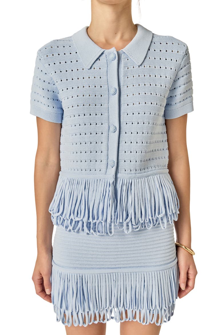 Fringe Trim Knit Button-Up Top, Main, color, POWDER BLUE