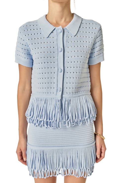Fringe Trim Knit Button-Up Top