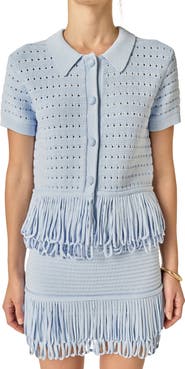 English Factory Fringe Trim Knit Button-Up Top