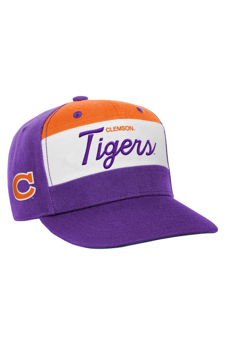 Mitchell & Ness Youth Mitchell & Ness White/Purple Clemson Tigers Retro Sport Color Block Script Snapback Hat, Main, color, White