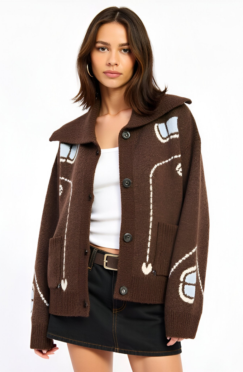 Modenaire Button Up Knit Cardigan with Abstract Floral Print, Main, color, 