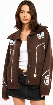 Modenaire Button Up Knit Cardigan with Abstract Floral Print