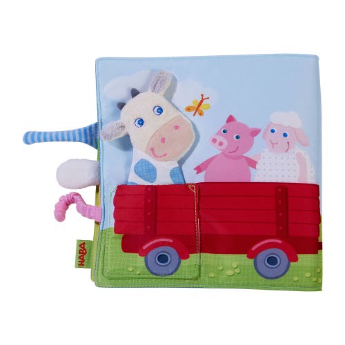 Haba Fabric Book Down On The Farm With Removable Finger Puppet In Red Multi