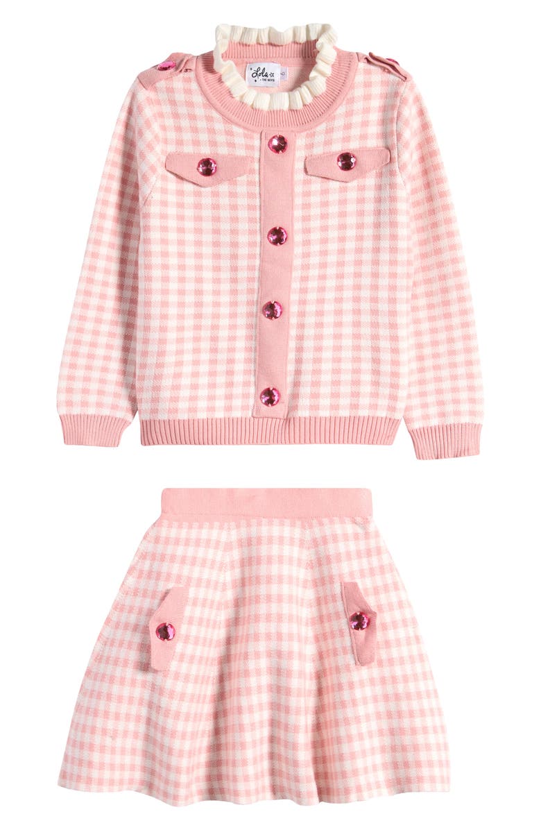 Lola + The Boys Kids' Gingham Check Faux Gem Sweater & Skirt Set, Main, color, 