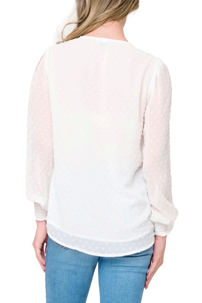 Pin Dot Smocked Detail V-Neck Blouse, Alternate, color, WHITE