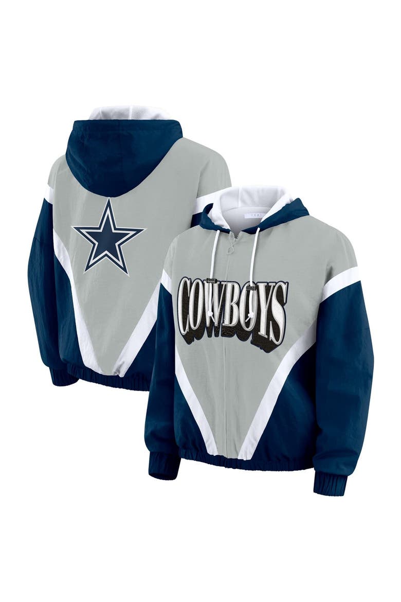 Women's WEAR by Erin Andrews Navy/Gray Dallas Cowboys Plus Size Retro Crinkle Full-Zip Windbreaker Jacket, Main, color, Navy