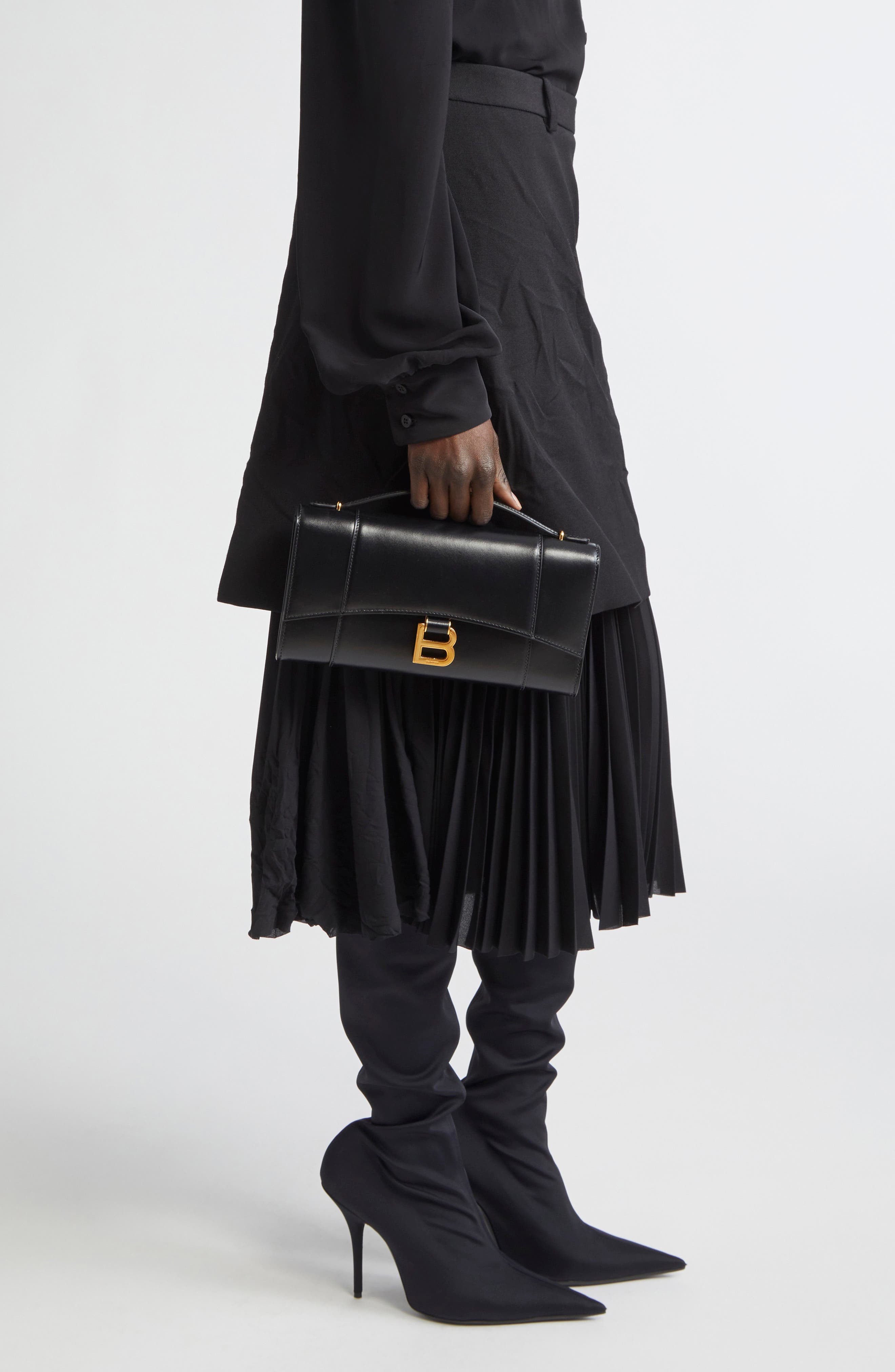 Balenciaga Hourglass Leather Top Handle Clutch, Alternate, color, 1000 Black