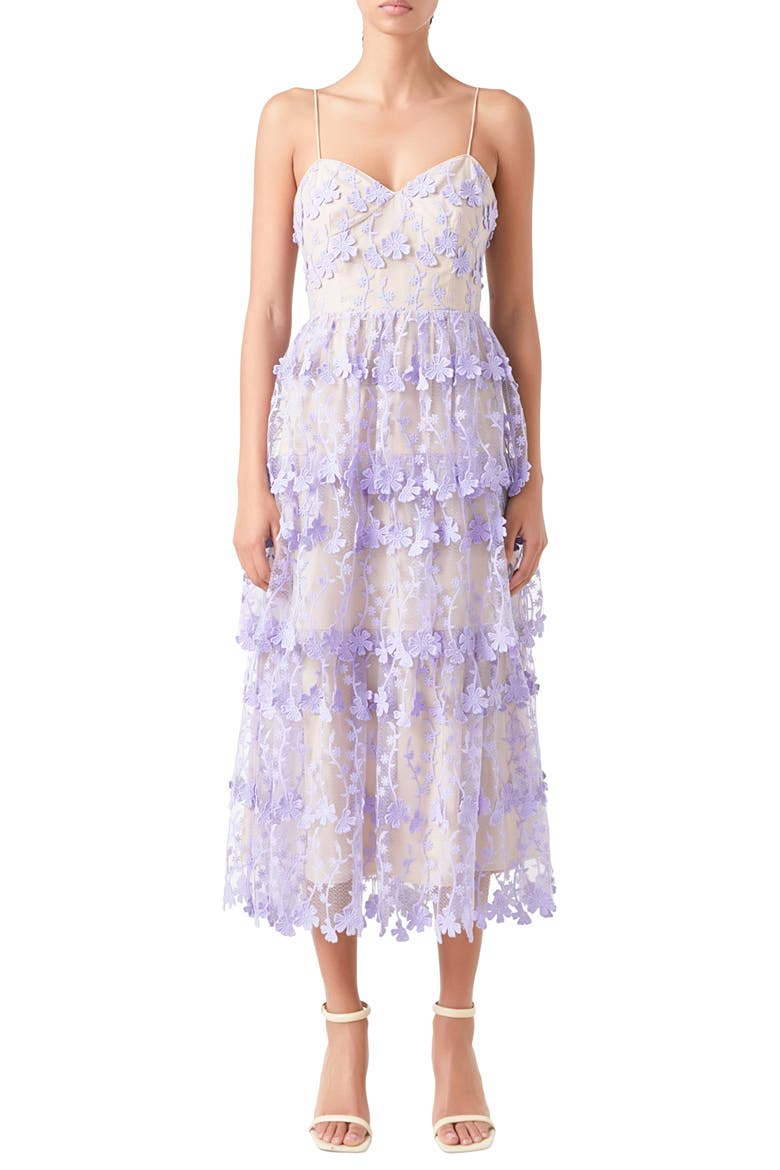 Floral Embroidered Tiered Lace Midi Dress, Main, color, LILAC