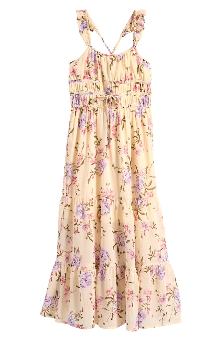 Ava & Yelly Kids' Floral Ruffle Strap Maxi Dress, Main, color, Ivory