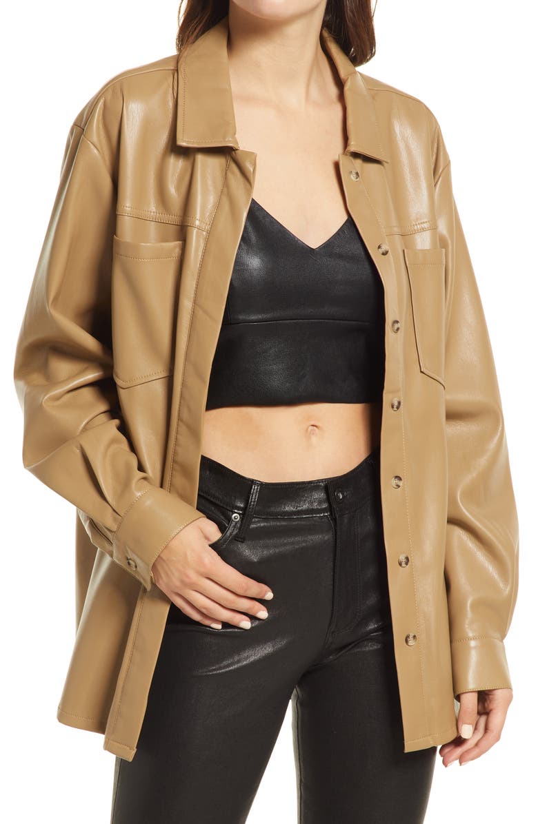 Good American Faux Leather Split Back Button-Up Shirt, Main, color, Warm Caramel003