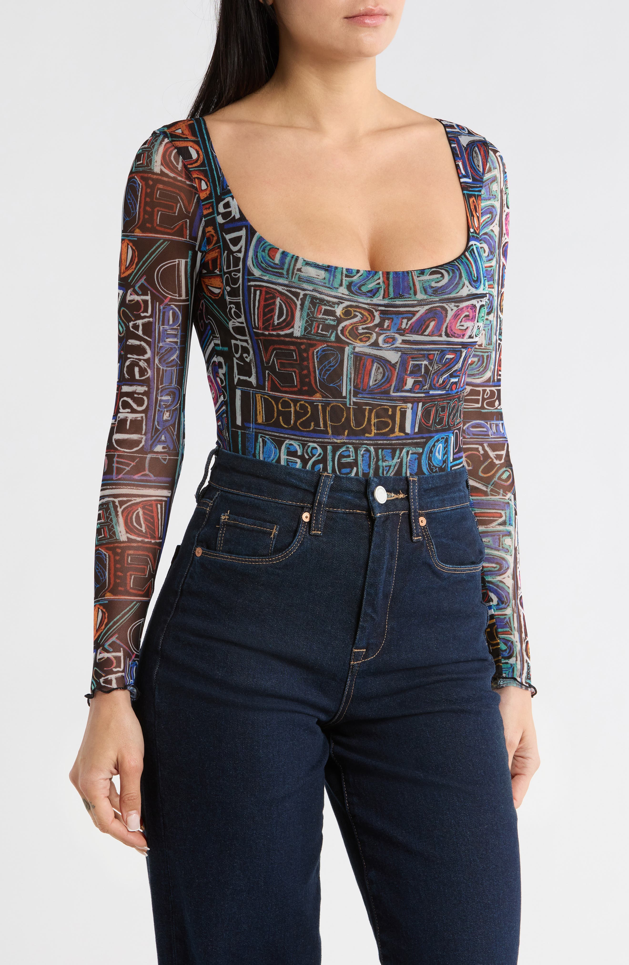 Desigual Logo Print Long Sleeve Mesh Bodysuit