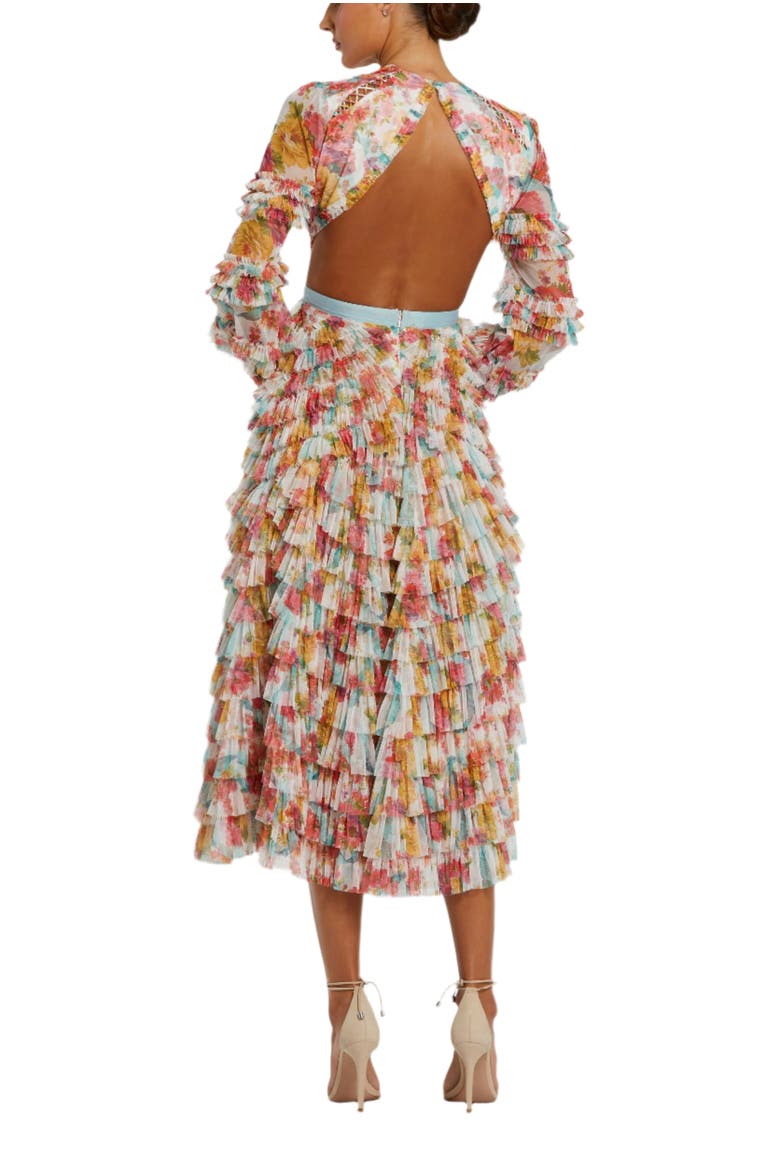 Long Sleeve Tiered Ruffle Cutout Criss Cross Dress, Alternate, color, White Multi