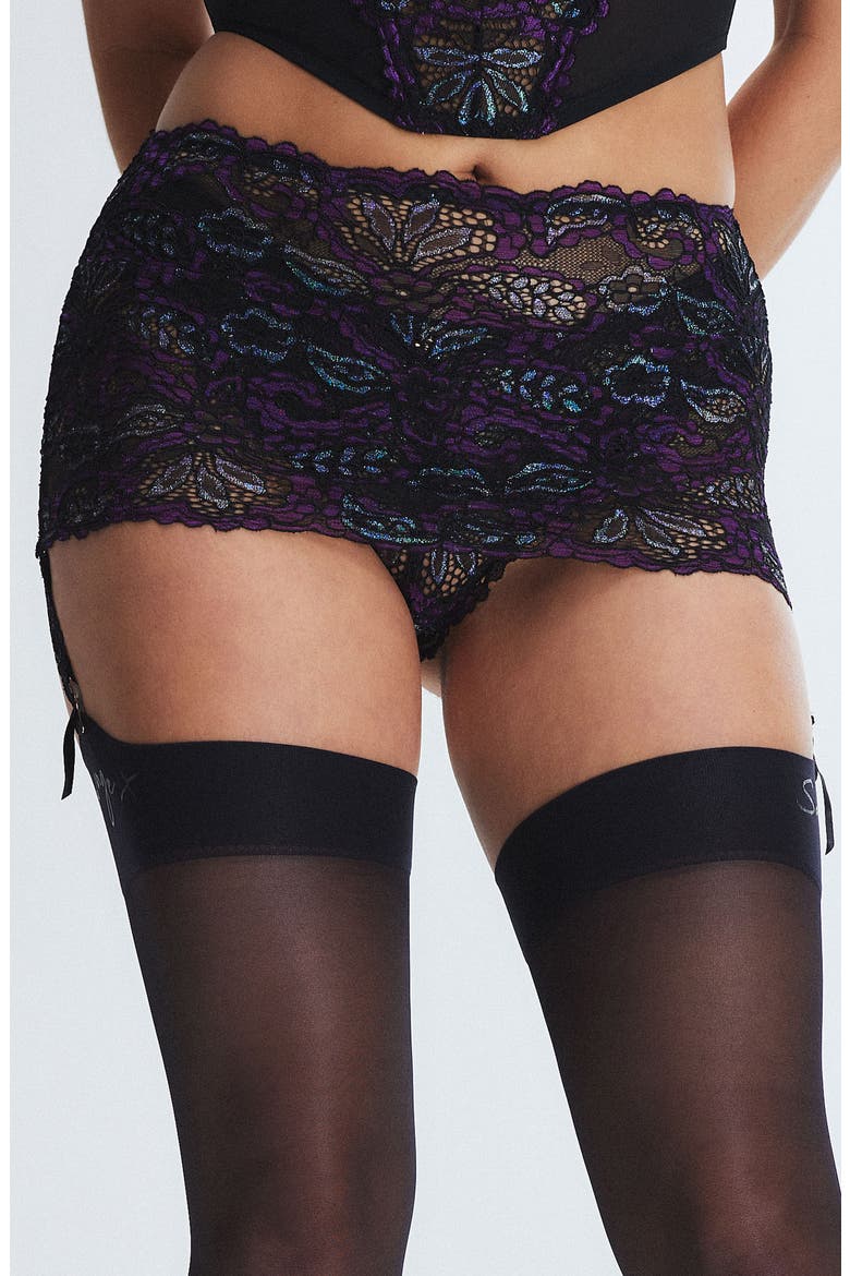 Romantic Corded Lace Garter Belt, Main, color, BLACK CAVIAR/ PURPLE METALLIC