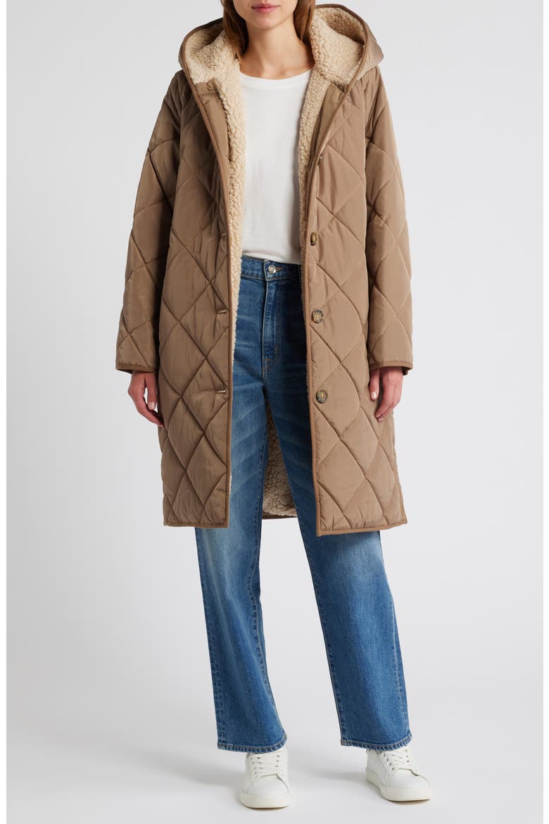 Cozy Diamond Quilted Faux Shearling Lined Coat, Alternate, color, KHAKI