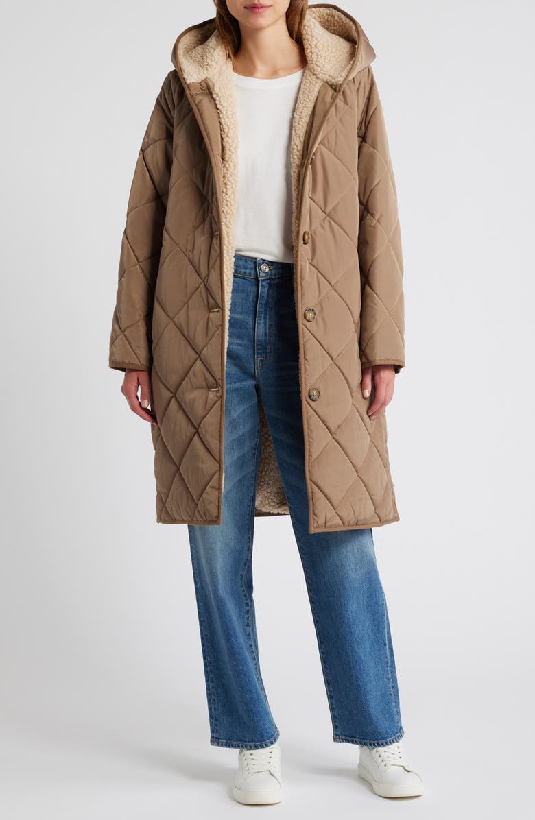 Lucky Brand Cozy Diamond Quilted Faux Shearling Lined Coat, Alternate, color, Khaki