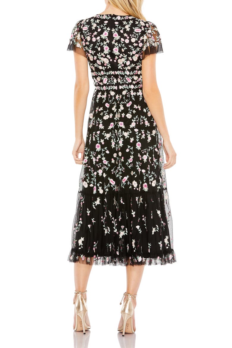 Embroidered V Neck Cap Sleeve Midi Dress, Alternate, color, BLACK MULTI