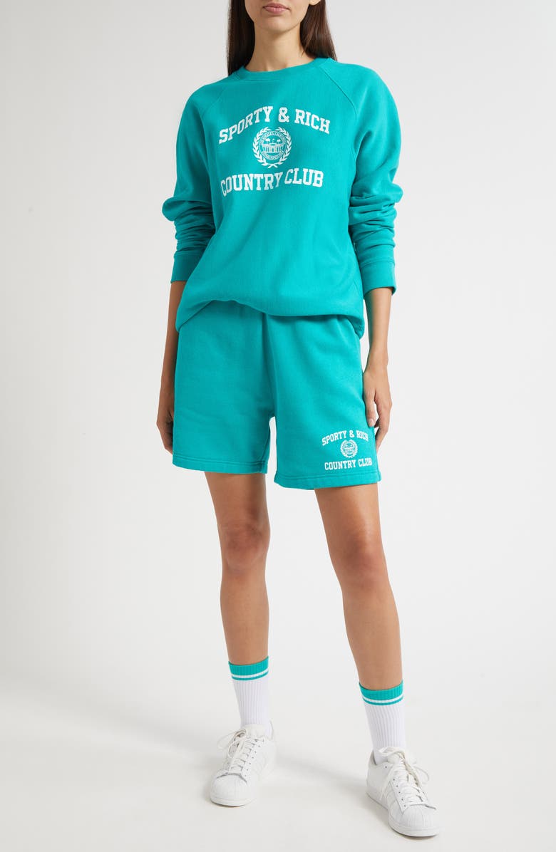 Sporty & Rich Varsity Crest Gym Shorts, Alternate, color, Spring Green