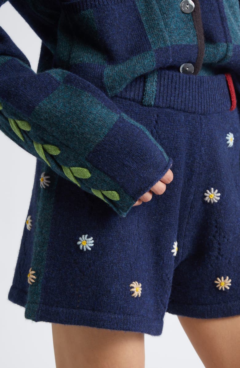 YanYan Daisy Embroidered Lambswool Sweater Shorts, Alternate, color, Navy
