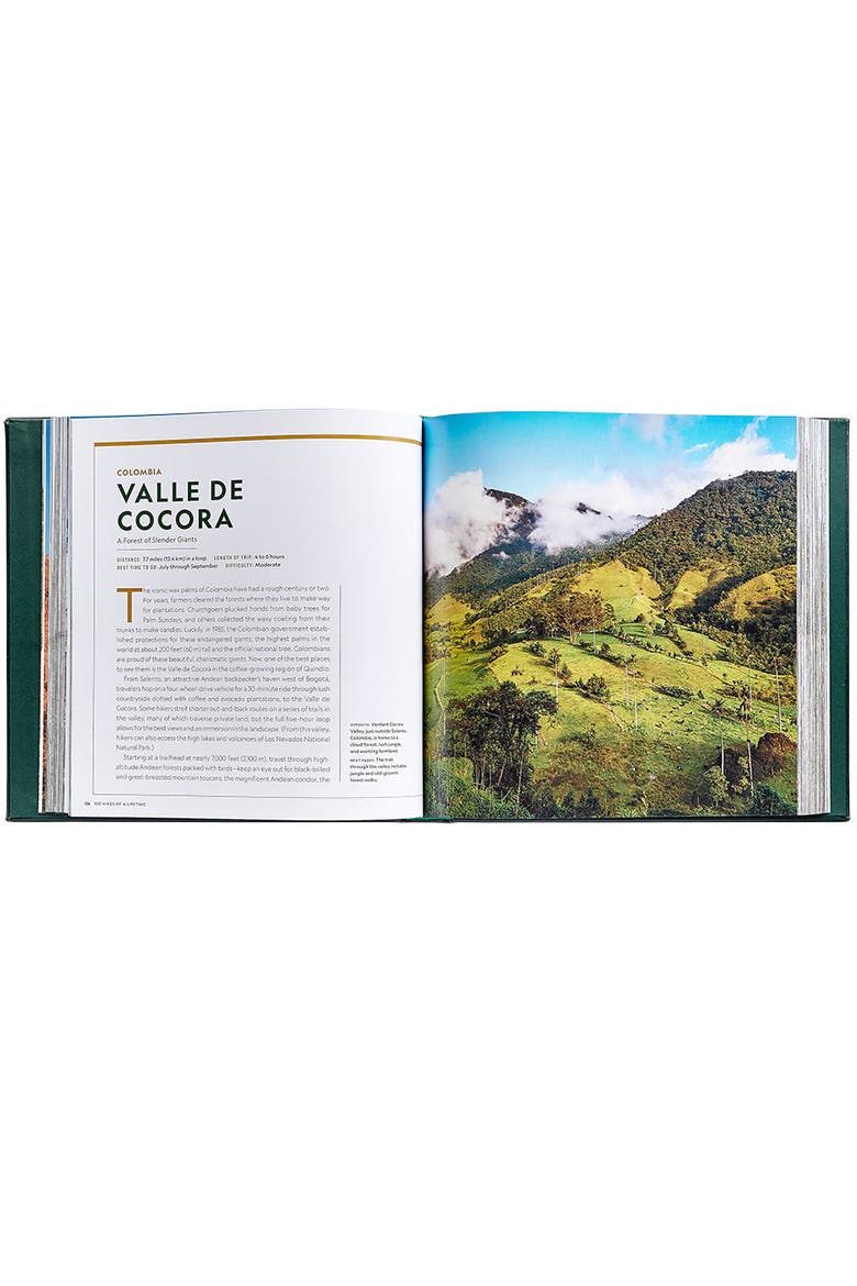 100 Hikes Of A Lifetime Leather Coffee Table Book, Alternate, color, Green